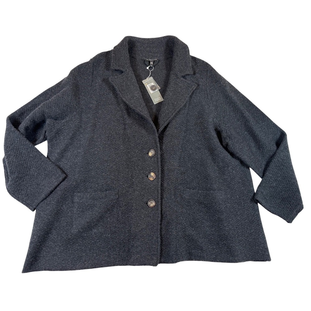 Eileen Fisher Woman 3X Felted Merino Lambswool Notch Collar Jacket Charcoal Grey